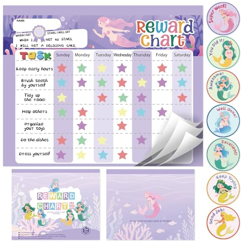 Chore Chart for Kids, Magnetic Reward Chart for Kids at Home, Behavior Chart Pad with 26 Chore Charts, 1680 Star Stickers, 84 Motivational Stickers to Motivate Responsibility & Good Habits (Mermaid)