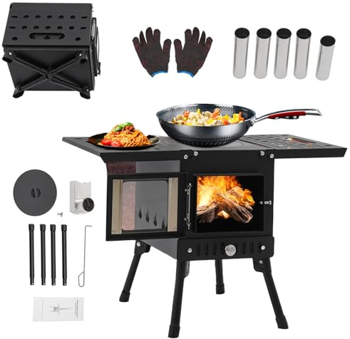 Vikbar camping vedugn, tältugn, utomhusköksugn med skorsten, camping eldstad terrassugn, bärbar utomhusspis, ugn, spis uppvärmning för vandring/BBQ/trädgård, 36–56 cm höjdjustering