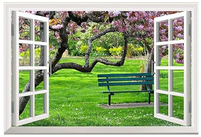 OZPWBVY Paysage Impression sur Toile-Fausse Fenêtre Tableau-Arbre Fleurs Champ-Nature Image Murale Décoration Salle de Bain Salon 70x105cm Sans Cadre