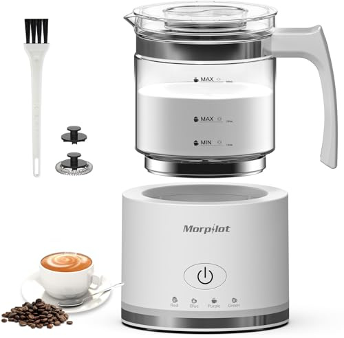 Morpilot Milchaufschäumer Elektrisch, 4 in 1 Milchschäumer für Heißer und Kalter, 600W 500ml, Spülmaschinenfest Aufschäumer, Latte-Design, Visuelles Glas, Weiß