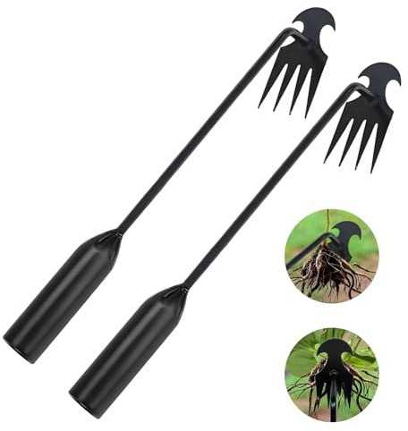 2 Piezas Herramienta de Deshierbe, Desherbador Manual de Acero al Manganeso,Herramienta de Jardinería Extractor de Malas Hierbas de 4 Dientes, Herramienta de Jardinería para Desherbar Aflojar Suelo
