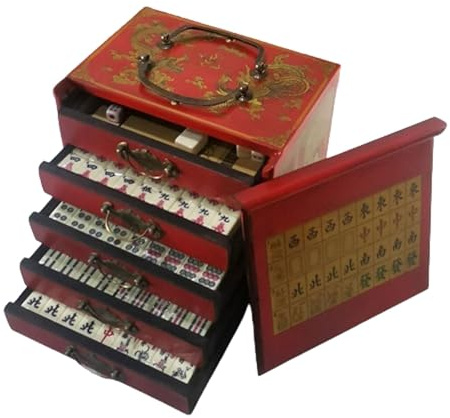Mahjong antiguo, Mahjong vintage, juego de mahjong de lujo, juegos completos de Majong, mahjong chino tradicional, portátil, 144 azulejos, para fiestas y juegos familiares