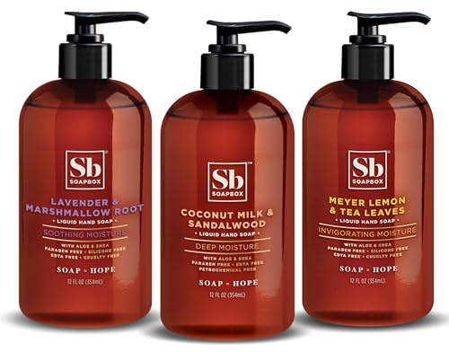 Soapbox Hand Soap Variety Pack (Coconut, Lavender, Meyer Lemon) Liquid Hand Soap, Moisturizing Wash with Shea Butter & Aloe Vera, Pack of 3 Bottles with Pump Dispenser, 12oz Each