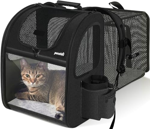 Pecute Sac Transport Chat Petit Chien Extensible, Sac a Dos Chat Respirant, Sac de Transport pour Chat Spacieux,Pliable, avec Fenêtres Transparentes Portable Sac Chat Transport pour Voyage, Noir