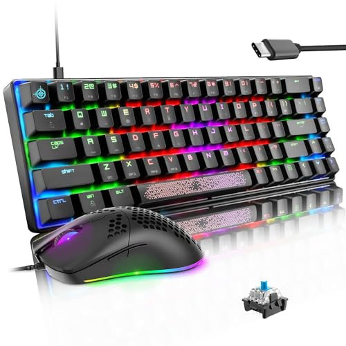 Lexonelec MK14-65% Kompakt Blau Pc Mac Gaming Maus Und Tastatur Set Mit Kabel 12000 DPI Beleuchtung Led RGB Handballenauflage Typ C Gamer Tastaturen Ergonomische Maus Für Laptop