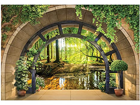 WallArena - Vlies Fototapete Wald Bach Fenster mit Aussicht Natur Ausblick 312x219 cm - Fototapeten - Tapeten - für Wohnzimmer Schlafzimmer - Vliestapete Wandtapete Tapete 3D Effekt- inkl. Kleister