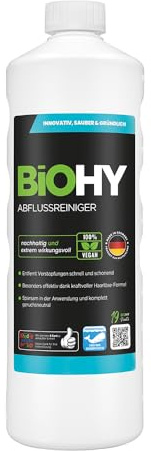 BiOHY Nettoyant drain (Bouteille de 1l) | enlève les poils sans effort | Concentré Bio | extra fort | Déboucheur pour cuisine et salle de bain | élimine les odeurs (abflussreiniger)
