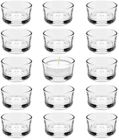 suntonmoto Juego de vasos de té, portavelas de té (15 unidades) de cristal portavelas de 4.5 cm de diámetro, pequeño portavelas de cristal transparente para bodas, cumpleaños, velas y vasos de té, S