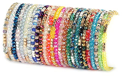 MOZAKA 26Pcs Boho Beaded Bracelets for Women Colorful Stackable Sparkly Crystal Beads Bracelets Multi-Layer Versatile Statement Bracelets Stretch Cuff Jewelry Gifts