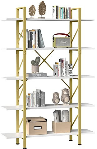YITAHOME 5 Tier Gold Bookshelf, 70.9 Tall Modern Wide Bookcase, Open Storage Rack Shelves in Living Room/Bedroom/Home/Office, Books Holder Organizer for Books/Plants, Gold & White
