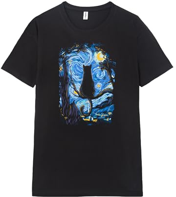 Pampling Camiseta de Manga Corta, 100% Algodón, Ropa Unisex para Hombre y Mujer, Serigrafiada con Cuello Redondo y Corte Recto, Color Negro (Cat Starry Night, M)