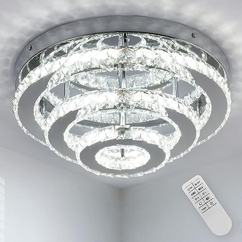 CXGLEAMING 13.8 Lampara de techo moderna Araña de cristal regulable LED luz de techo empotrada Araña redonda Plafon de techo para sala de estar dormitorio baño comedor cocina(control remoto)