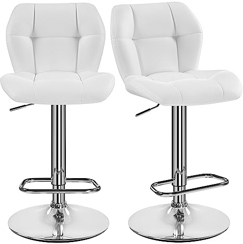 Yaheetech Juego de 2 Taburetes de Bar Taburetes Altos de Cocina de Polipiel, Altura Ajustable, Giratorio en 360° con Respaldo y Reposapiés, Blanco