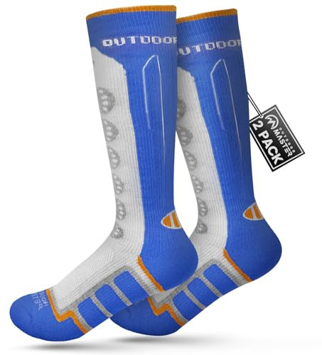 OutdoorMaster Kinder-Skisocken, 2er-Pack Merinowolle, Winter-Kompressions-Thermosocken für Jungen und Mädchen, rutschfeste Manschette über der Wade zum Skifahren, Snowboarden, Skaten (S,Blau-2)