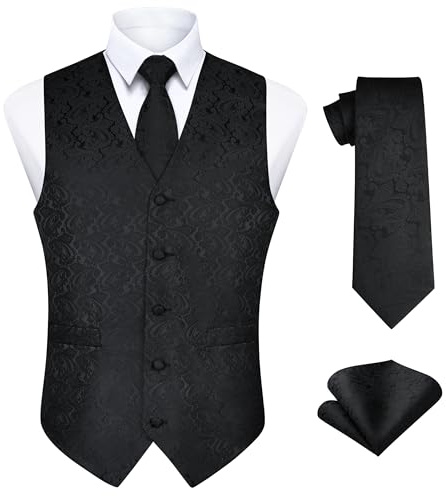 Enlision Homme Noir Gilet et Cravate Ensemble Paisley Floral Jacquard Gilet pour Hommes & Cravate et Pochette pour Mariage Fête