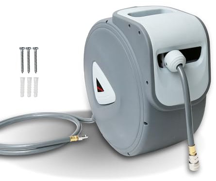 Hebitod 30 + 2 m de manguera de aire comprimido enrollador automático, enrollador automático de manguera de 180°, enrollado automático de 180°, bloqueo de cualquier longitud, tambor de manguera de