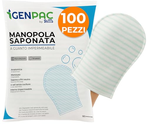 100 Manopole Saponate Monouso di Alta Qualità, Impermeabili all'interno, con Soffice Spugna Esterna, Guanti Saponati Monouso Delicatamente Profumati, Senza Risciacquo, Guanti Saponati per Anziani