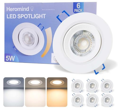 Heromind Set di 6 Faretti a LED per Cartongesso, 230V 5W IP44, Tripla Temperatura Colore 3000K/4500K/6000K, Foro 69-79mm, Spot LED con Angolo Regolabile