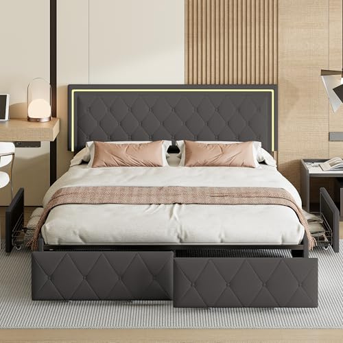 Cama de Matrimonio 140 X 200 cm, Cama Doble con LED, Cama de Almacenamiento con 4 Cajones, Tablero de Cabecera con Altura Ajustable, PU, sin Colchón
