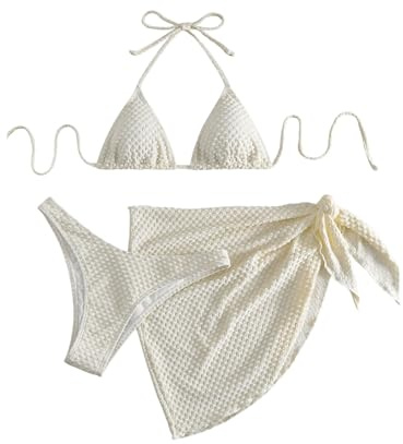 GORGLITTER Damen Bikini Sets Bademode Set 3 Stücke Swimwear Neckholder Triangel Bikinitop Tangas Cuver Up Bikinis mit Schnürung Aprikosenfarben XS