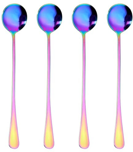 Oruola 4 Pcs Latte Spoons Long Handle,Long Handle Tea Spoons,Sundae Spoon,Stainless Latte Spoon for Coffee, Tea, Desserts, Ice Cream, and More - 7.48 Inches (Rainbow Color)