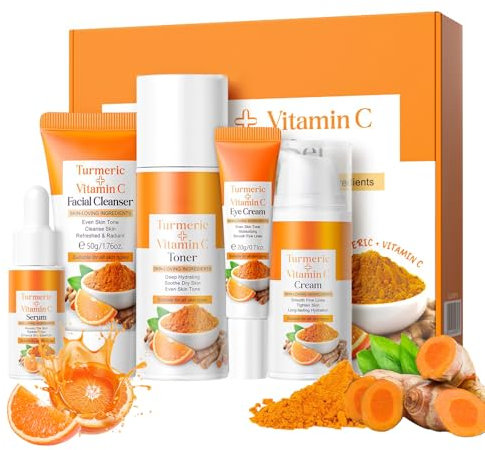 Turmeric Kit de soins de la peau à la vitamine C 5 en 1 pour femme avec nettoyant pour le visage au curcuma, tonique pour le visage, sérum, crème pour les yeux et crème pour le visage, teint uniforme