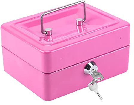 CROWNSHOP Lockable Cash Box 6 Metal Money Box with 2 keys Lockable Portable Petty Cash Deposit Tin with Removable Change Tray for Kids Shop Office Home (Pink)