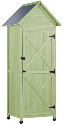 FTCBNet Wooden Outdoor Storage Cabinet,Tall Vertical Garden Tool Shed with Waterproof Metal Roof & Adjustable Feet – Perfect for Yard, Patio, Lawn & Deck (Green, 22 x 26 x 67)