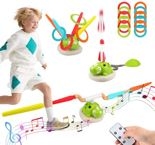Gxpjycfob 3 In 1 Musical Jumping Toy Kit, Ring Toss Challenge,Rocket Launcher with Wireless Remote,Outdoor Sports & Garden Games for Ages 3-12, Gifts for Boys and Girls