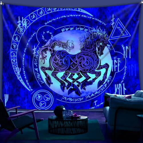 Arsey Arazzo UV a Luce Nera, Arazzi con Rune Vichinghe con Motivo Odino e Cavallo per Festa e Decorazione Compleanno, Psicodelico Hippie, Regalo per Amanti dei Cavalli, Blu, 200 x 150 cm