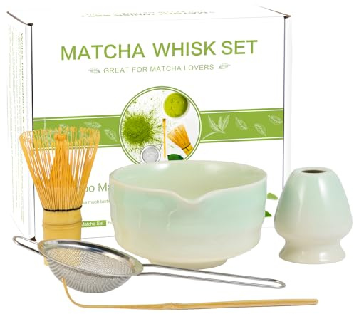Matcha Whisk Set, Japanese Tea Set Includes Matcha Bowl with Spout, Bamboo Whisk, Ceramic Chasen Holder, Scoop, Sifter, 5 pcs Traditional Tea Making Kit for Matcha Lovers Christmas Gifts for Women Men