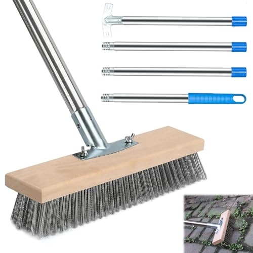 Escoba Alambre con Mango Desmontable 160cm, Cepillo Cerdaspara Metal para Patio Terraza Jardín,Escobillón Acero Inoxidable Exterior,Escobón Metálica para Eliminar Musgo,Malas Hierbas,Manchas Difíciles