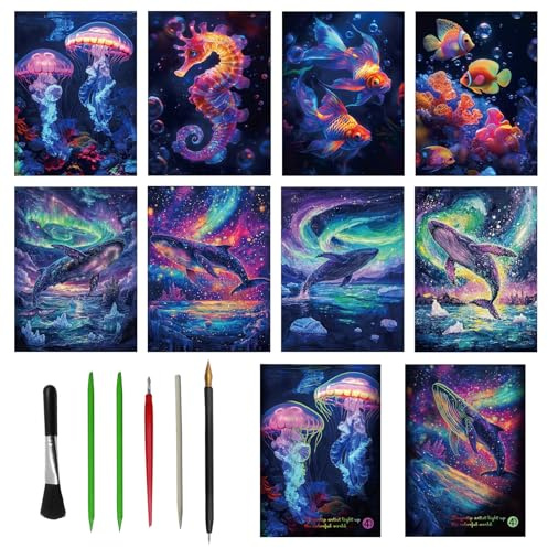 Scratch Art Kit per Bambini Adulto, 8PCS Scratch Paper, Pittura Arcobaleno Vista Notturna Art & Craft, Carta da Grattare per Disegno Creativo per Natale regalo di compleanno