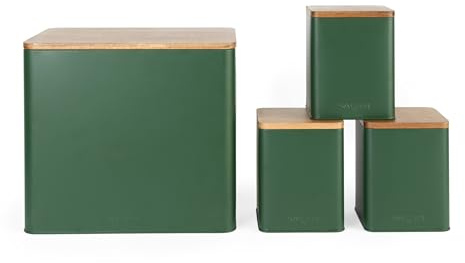Salter Toronto 4-Piece Countertop Set – FSC®-Certified Acacia Wooden Lids, Bread Bin, Tea, Sugar, Coffee Canisters, Storage Containers, Powder Coated Finish, Stylish, Storage Jars, Green/Wooden