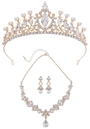 XFSRG Parure Bijoux Femme Mariage Élégante Ensemble Collier Boucles d'Oreilles et Tiare avec Cristaux et Perles Accessoires de Mode pour Soirée et Cérémonie (Or)