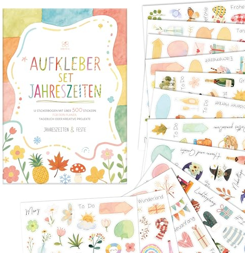 BIROYAL 12 Blätter Jahreszeiten Sticker Set - über 500 Scrapbook Sticker für Fotoalbum Bullet Journal Zubehör Deko - DIY Scrapbooking Aufkleber für Kinder Erwachsene Basteln Geschenke (17 x 24 cm)