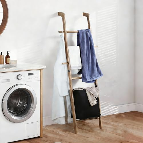 Taozun 67-Inch Towel Ladder with Basket for Bathroom Storage, Rustic Wooden Blanket Ladder with Hooks for Farmhouse Display, Wall Leaning Towel Ladder with Laundry Basket Organizer