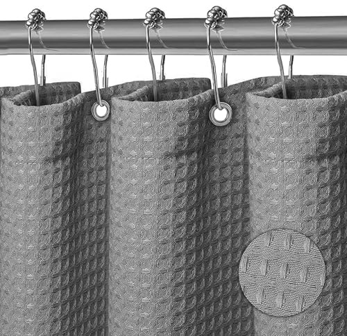 KAIMEIYU Tenda Doccia in Poliestere Waffle Tenda da Bagno in Tessuto Lavabile in Lavatrice con 12 Metallo Anelli Impermeabile 180X200CM Grigio
