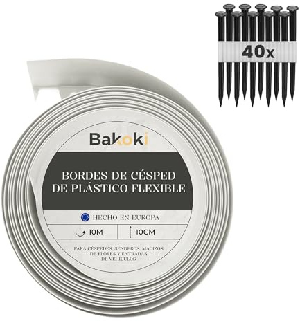 BAKOKI Bordo flessibile per prato (10 m, 40 ancoraggi a terra, altezza 10 cm, in plastica bianca, resistente alle intemperie, bordatura per aiuole, bordo rotondo
