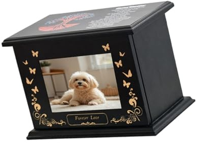 Chenxi Studio Elegante urna conmemorativa grabada para mascotas, para cenizas, pelos, dientes, con marco de fotos, almacenamiento de recuerdos de madera natural, caja conmemorativa