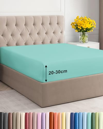 Spannbettlaken 200x200 - Mikrofaser Spannbetttuch 30cm (12) - Spa-Blau | Spannbetttuch, Boxspringbett, Weich, Knitterfrei, Bügelfrei, Atmungsaktiv, Hypoallergen, Rundumgummi, Gebürstet, OEKO-TEX
