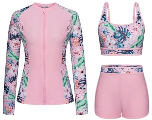 Costume da bagno a maniche lunghe, da donna, in 3 pezzi, Rash Guard ad asciugatura rapida, leggero, da surf, rashguard Shirts, P rosa, S