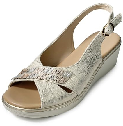 JOMIX Sandali Donna Comodi Estivi Signora Zeppa Bassa 5 cm Estate Con Strass Fibbia Regolabile Punta Aperta Peep Toe Suola Antiscivolo Sandali Eleganti Per Anziani Passeggio Cerimonia Beige 38