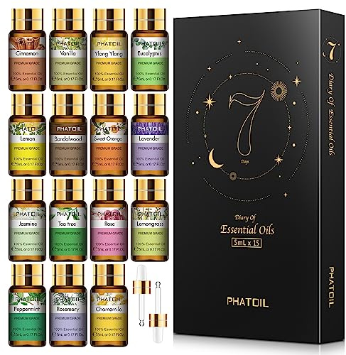 PHATOIL 15PCS Essential Oils Gift Set - Premium Quality 100% Natural Pure Essential Oils for Aromatherapy Diffuser Yoga Home Office Soap Candle Making- 5ml/Bottle