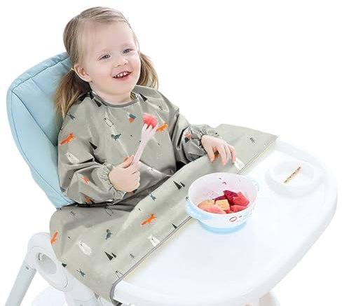 Vicloon Lätzchen mit Ärmeln Baby Ärmellätzchen Befestigt Sich an Ihrem Hochstuhl, Baby Lätzchen mit Ärmeln Wasserdicht, wasserdichtes Lätzchen mit Ärmeln, weiches Bib Unisex (Grau)