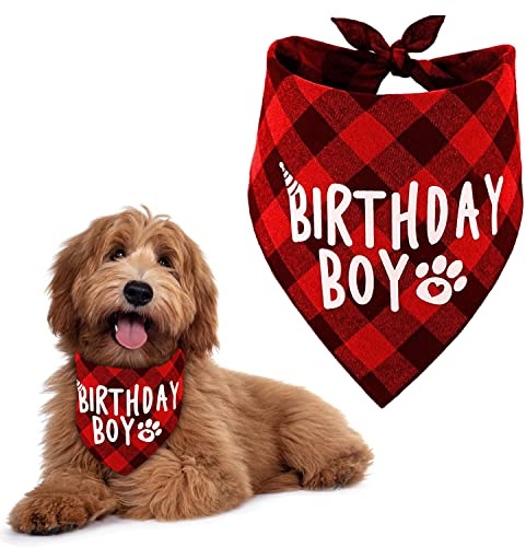 Bandana di Compleanno per Cani e Gatti - Sciarpa in Cotone Stampata a Quadri per Animali Domestici di Taglia Piccola e Media - Forniture per Feste (Rosso)