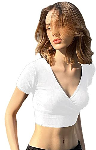 QKEPCY Canotte Donna Estive Tank Top Canotta a Scollo V Maglietta Corta Elegante T Shirt Crop Top Abbigliamento Estivo Magliette Manica Corta Cotone Canottiera Casual Moda
