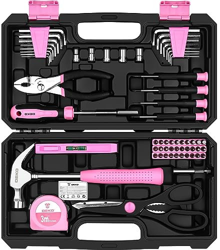 Pink Tool Kit：DEKO Tool Set, Pink Hand Tool Kit DIY for Women 62 Pieces, Ladies Tool Box for Home