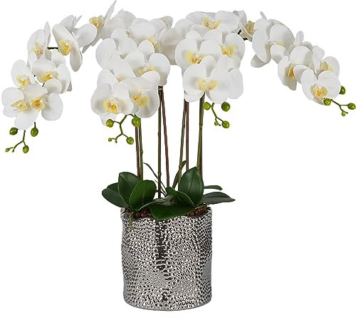 W&W Artificial Orchid Plants & Flowers Arrangement in Ceramic Pot, Fake Faux White Orchid with Silver Vase,Extral Large 26 inches