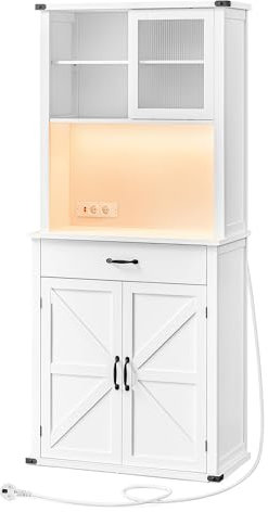 VASAGLE Sideboard mit Beleuchtung, Aufbewahrungsschrank, mit Türen und Schubladen, Küchenschrank, Kaffeebar, verstellbare Ablage, Landhausstil, wolkenweiß BBK363W21